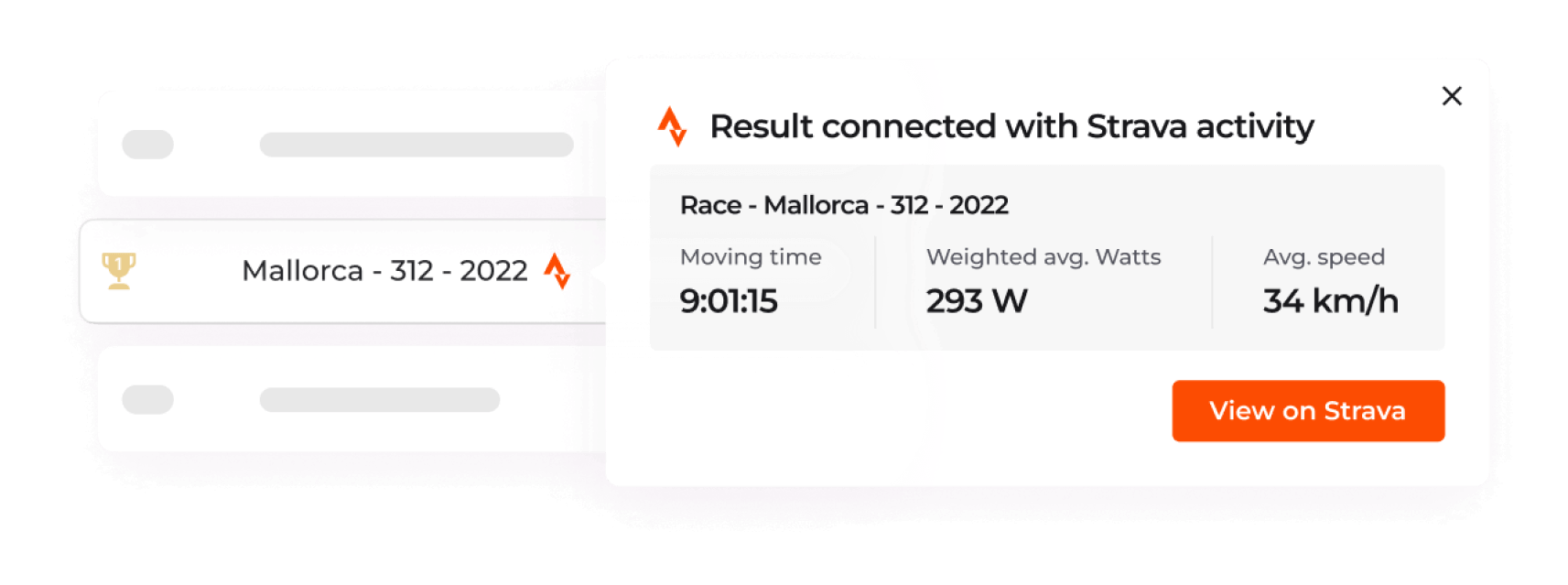 Race linked with Strava activity details UI example