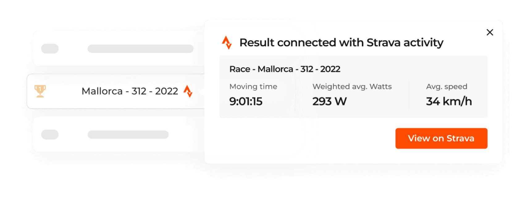 Race linked with Strava activity details UI example